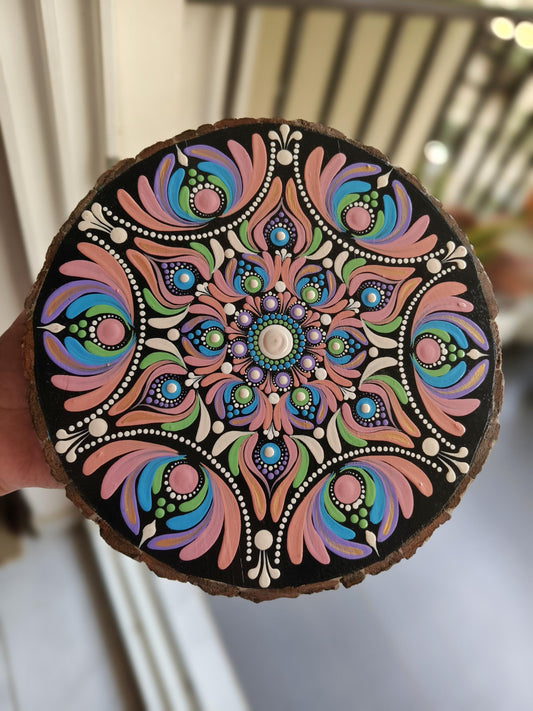 Hand-Painted Dot Mandala Art | Pastel Wood Slice with Gold Stand