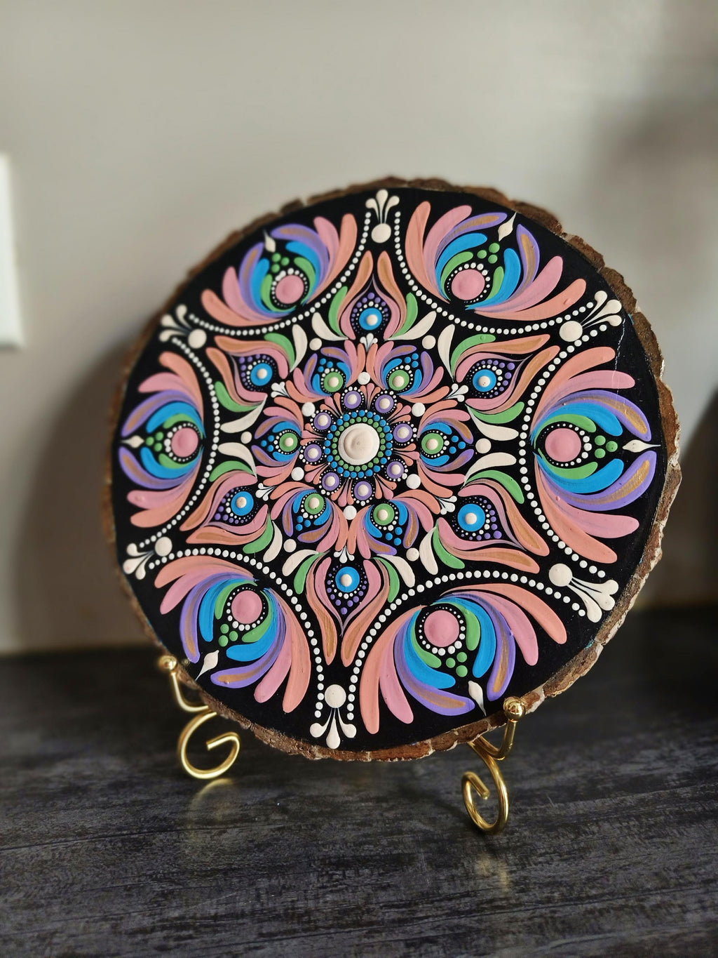 Hand-Painted Dot Mandala Art | Pastel Wood Slice with Gold Stand