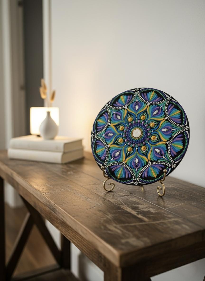 Original Hand-painted Dot Mandala Painting | 8-Inch Purple Blue Yellow Boho Decor with gold metal stand - Table Centerpiece