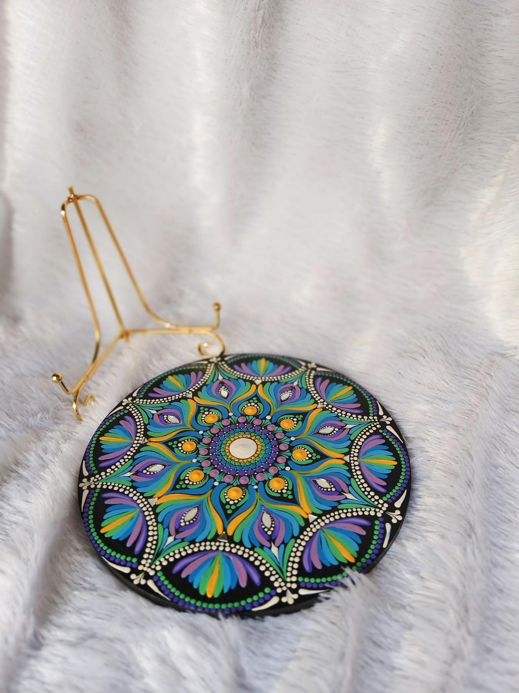 Original Hand-painted Dot Mandala Painting | 8-Inch Purple Blue Yellow Boho Decor with gold metal stand - Table Centerpiece