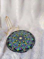 Original Hand-painted Dot Mandala Painting | 8-Inch Purple Blue Yellow Boho Decor with gold metal stand - Table Centerpiece