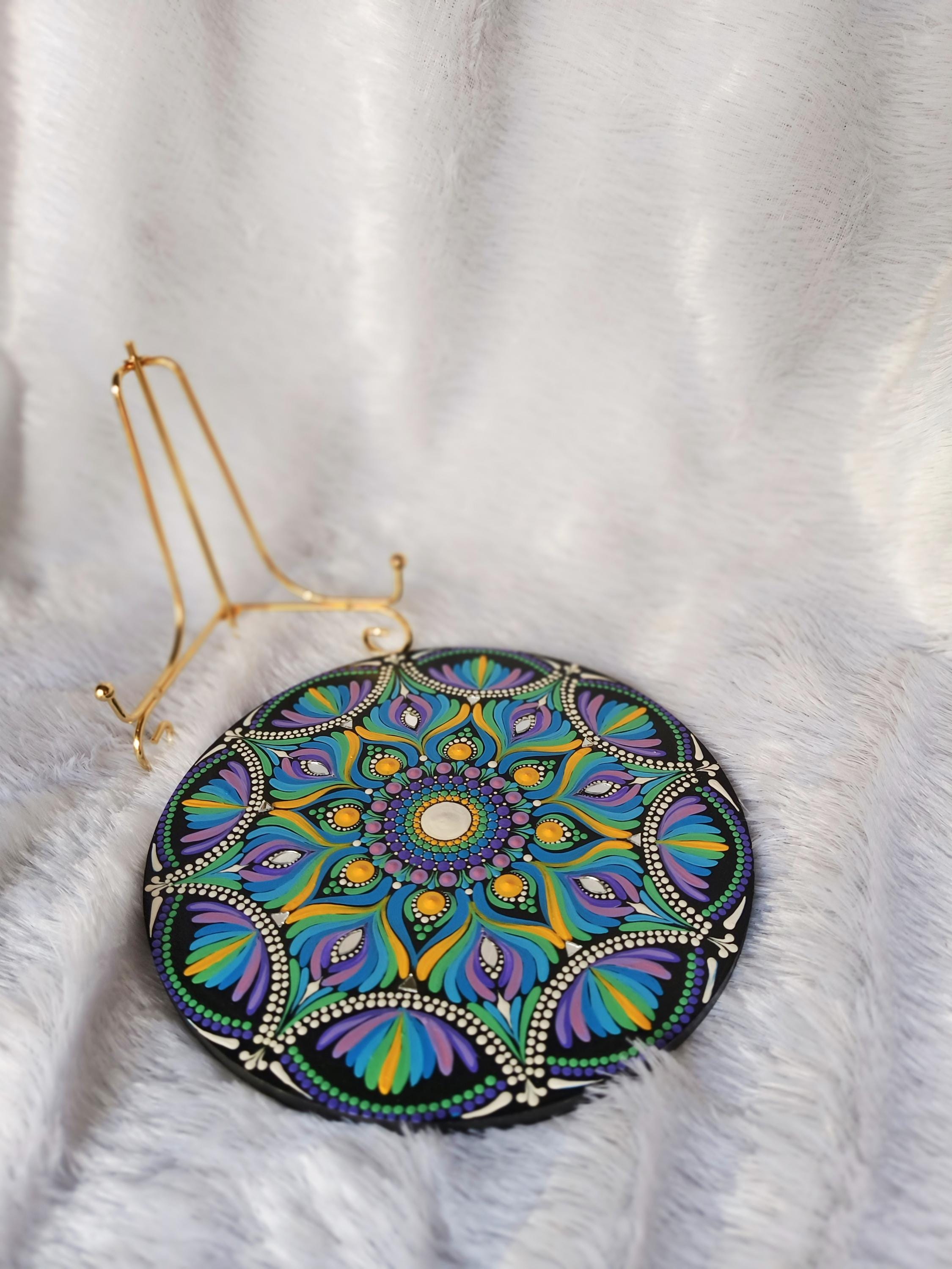 Original Hand-painted Dot Mandala Painting | 8-Inch Purple Blue Yellow Boho Decor with gold metal stand - Table Centerpiece