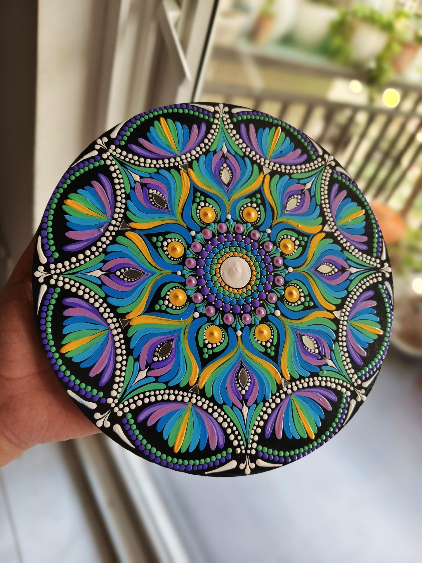 Original Hand-painted Dot Mandala Painting | 8-Inch Purple Blue Yellow Boho Decor with gold metal stand - Table Centerpiece