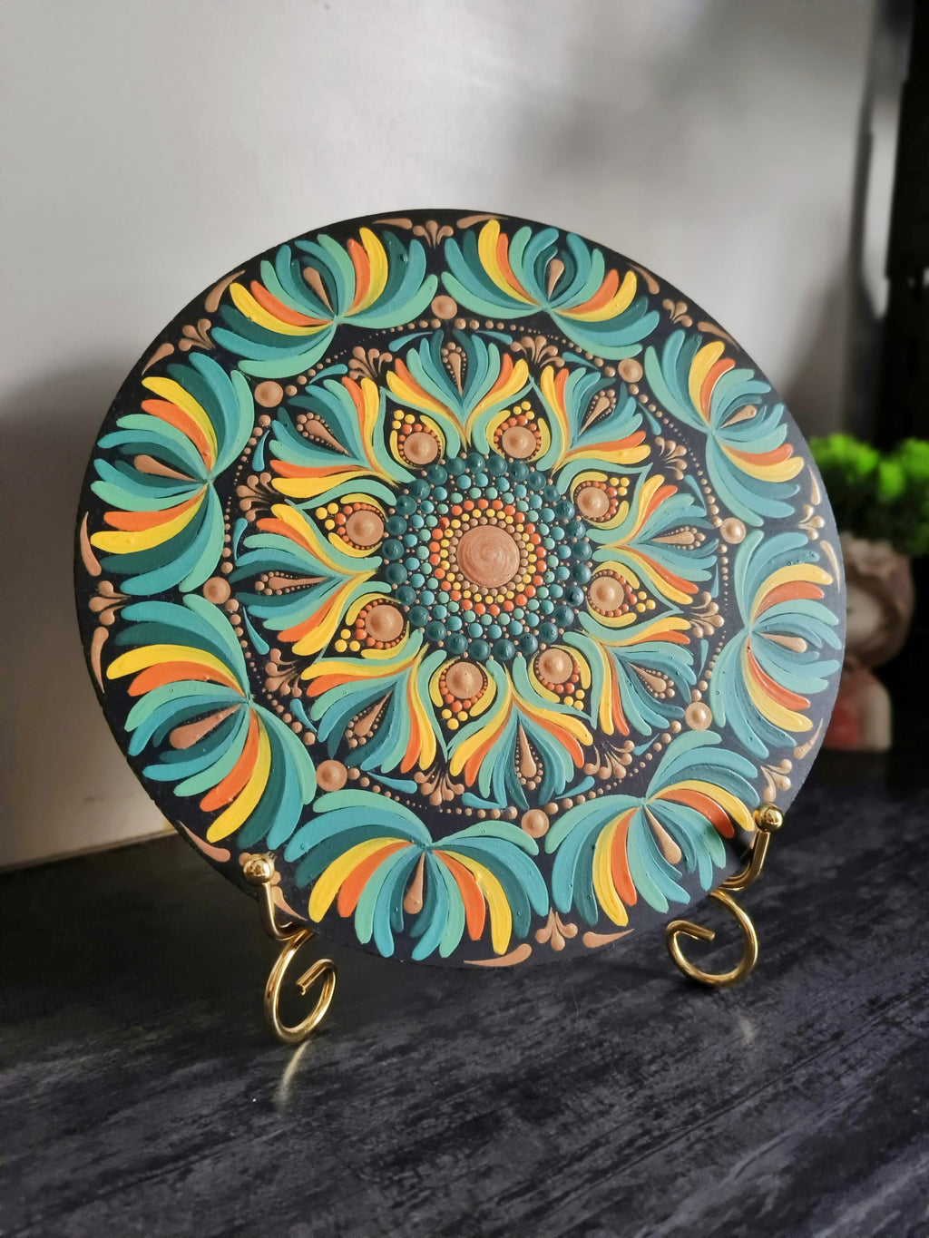 Original Hand-painted Hand-Painted Dot Mandala Art | 8 inch, Boho Tabletop Decor with Stand