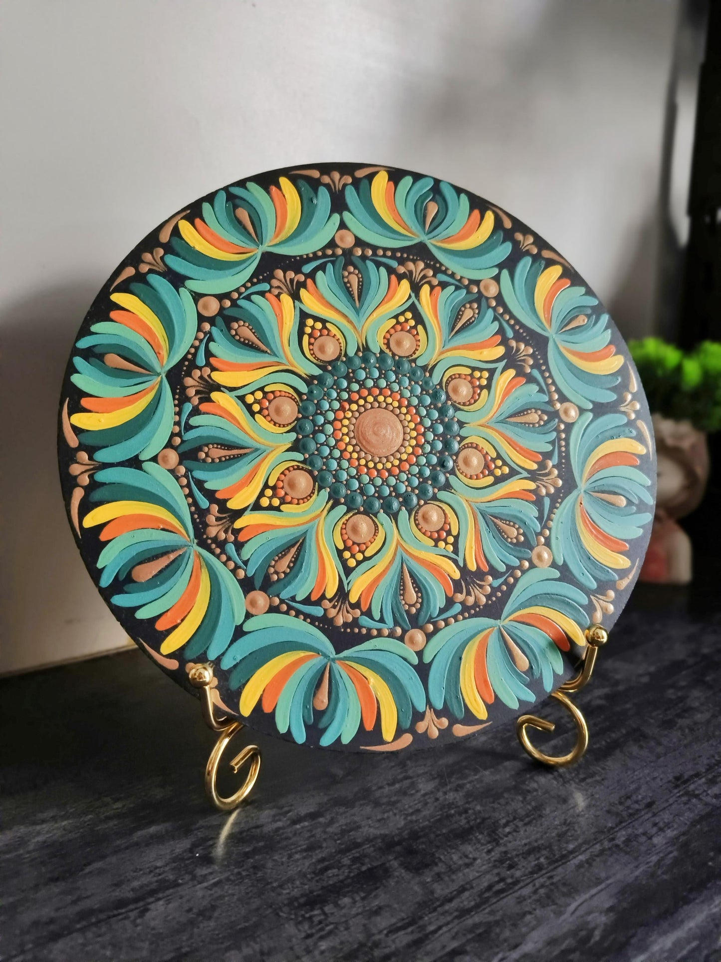 Original Hand-painted Hand-Painted Dot Mandala Art | 8 inch, Boho Tabletop Decor with Stand