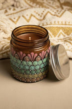 Hand-Painted Mandala Dot Art Scented Candle - Amber Glass, Soy Wax
