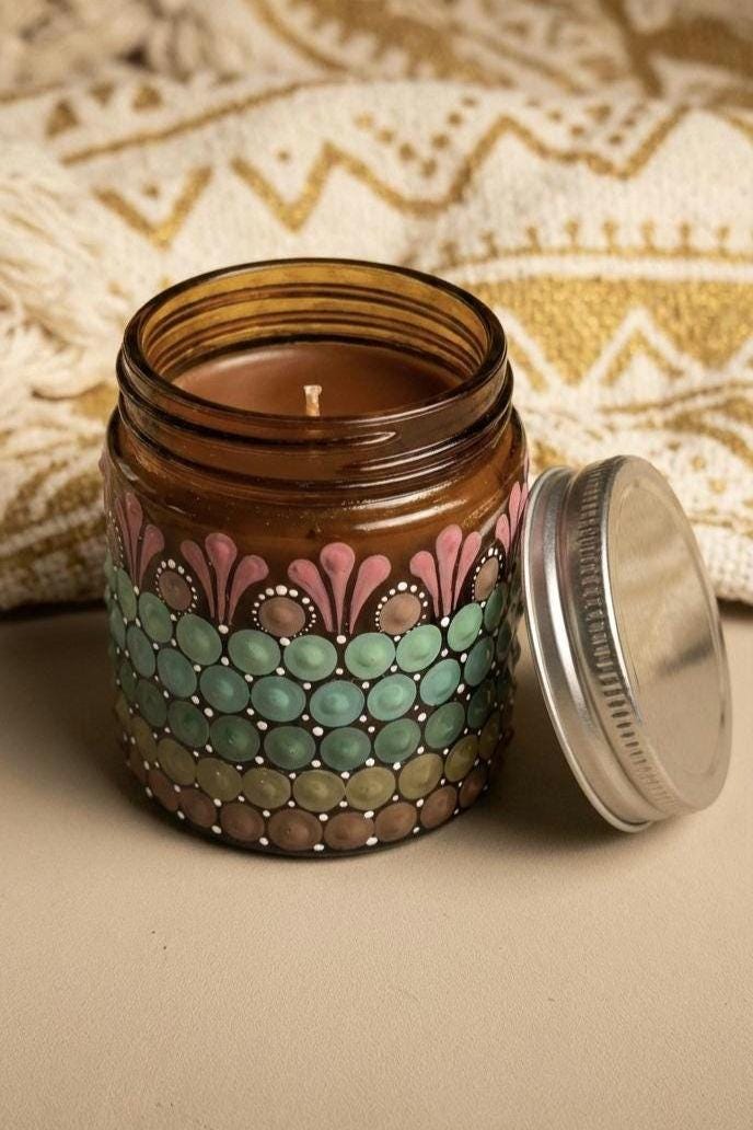 Hand-Painted Mandala Dot Art Scented Candle - Amber Glass, Soy Wax