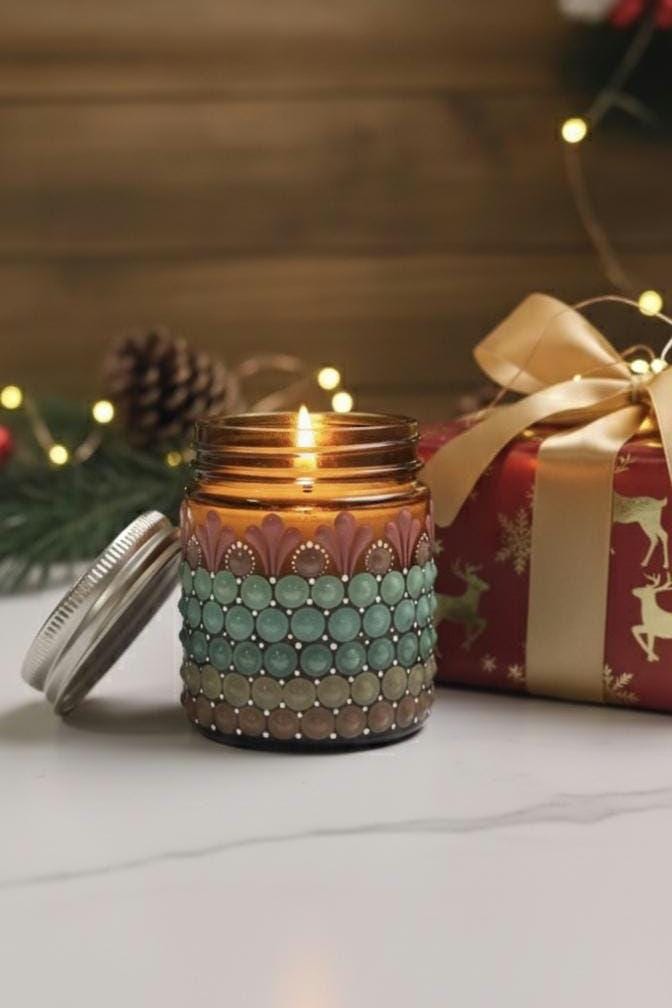 Hand-Painted Mandala Dot Art Scented Candle - Amber Glass, Soy Wax