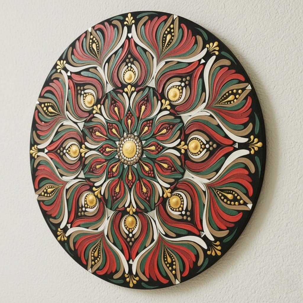 Original Hand-painted Dot Mandala Wall Art | 12" Hand-Painted home Decor | Festive Red Green Gold Textured Art with Mirror Mosaic