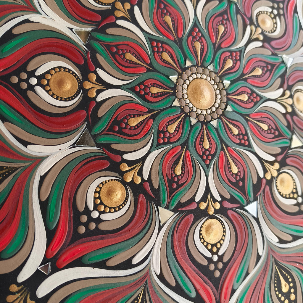 Original Hand-painted Dot Mandala Wall Art | 12" Hand-Painted home Decor | Festive Red Green Gold Textured Art with Mirror Mosaic