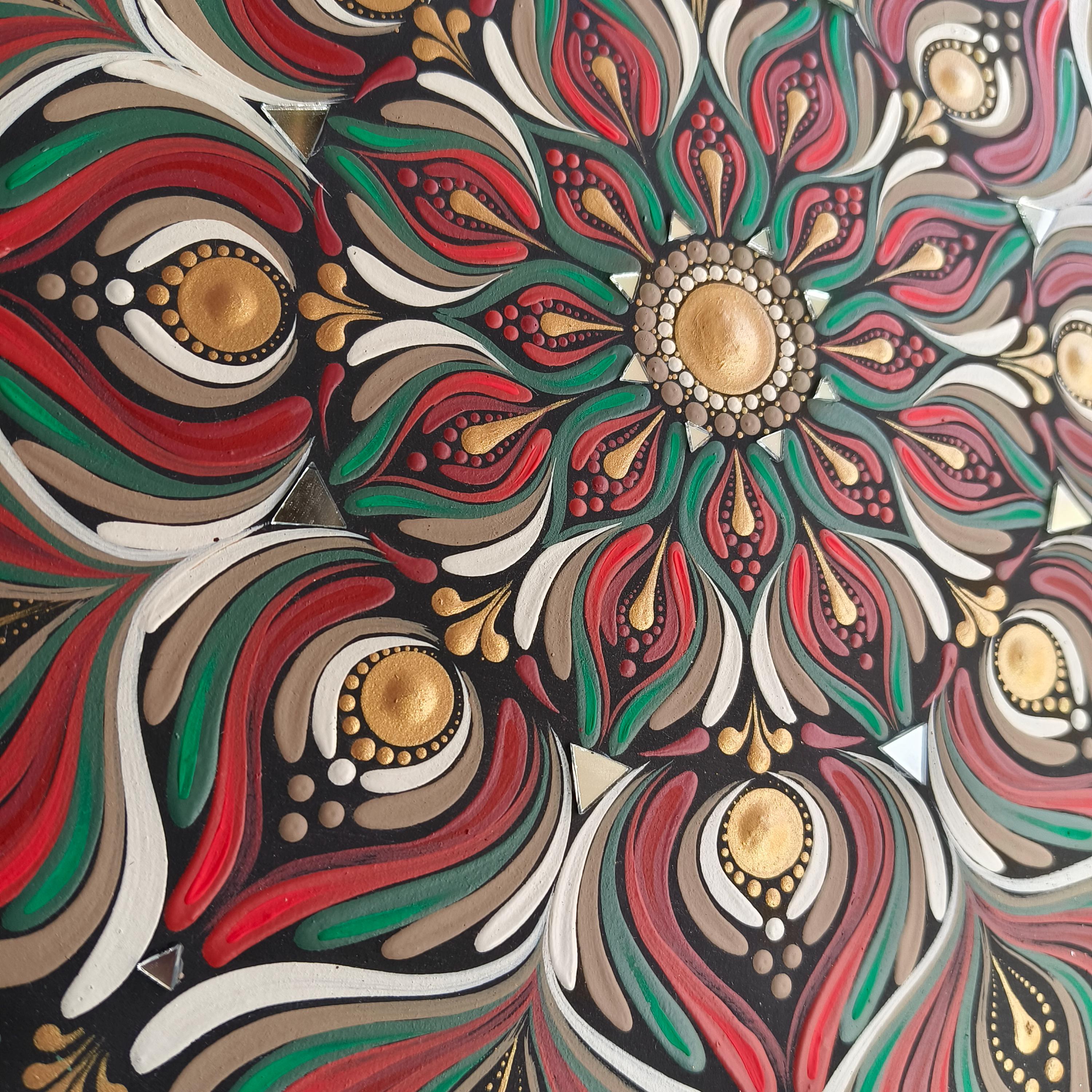 Original Hand-painted Dot Mandala Wall Art | 12" Hand-Painted home Decor | Festive Red Green Gold Textured Art with Mirror Mosaic
