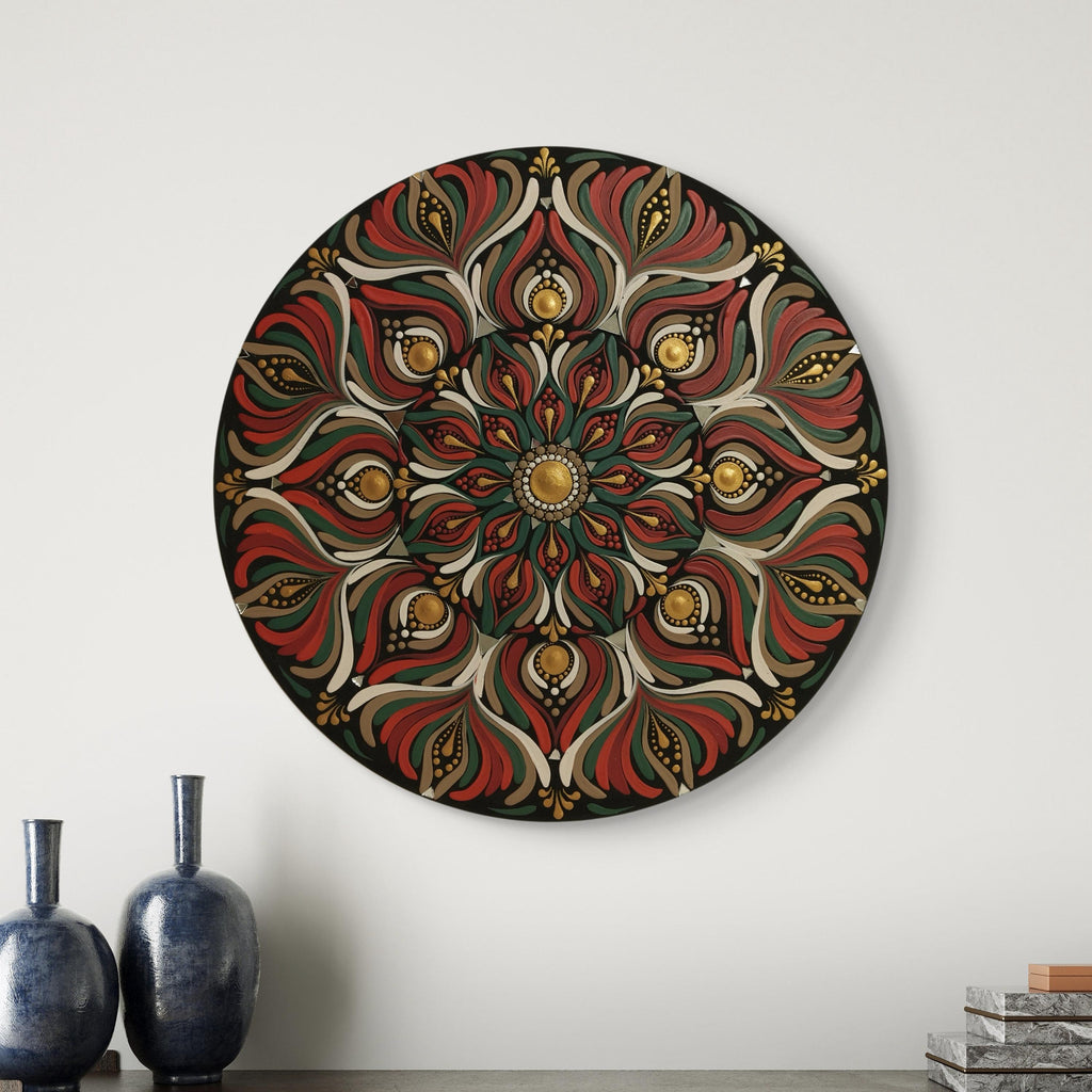 Original Hand-painted Dot Mandala Wall Art | 12" Hand-Painted home Decor | Festive Red Green Gold Textured Art with Mirror Mosaic
