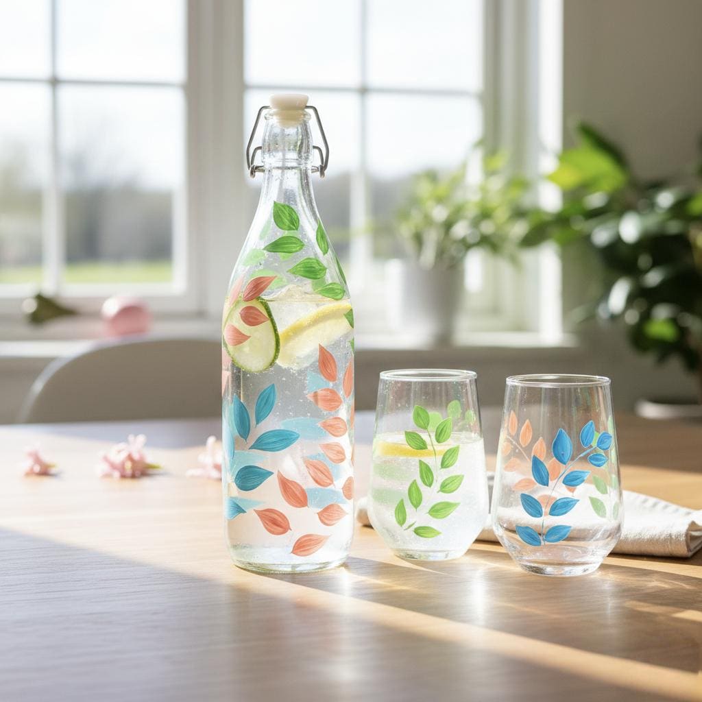 Handpainted Leafy pattern Glassware Set | Bottle and Tumblers, Gift set