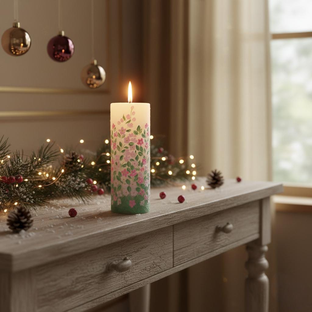 Hand-Painted Christmas Pillar Candle -Holiday Table Centerpiece -Festive Floral & Berry Winter Decor-Xmas Gift for her -large pillar candle