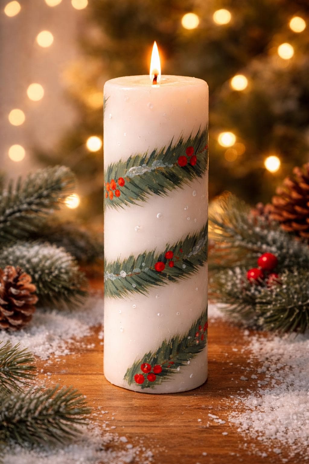 Hand-Painted Christmas Pillar Candle -Holiday Table Centerpiece -Festive Floral & Berry Winter Decor-Xmas Gift for her -large pillar candle