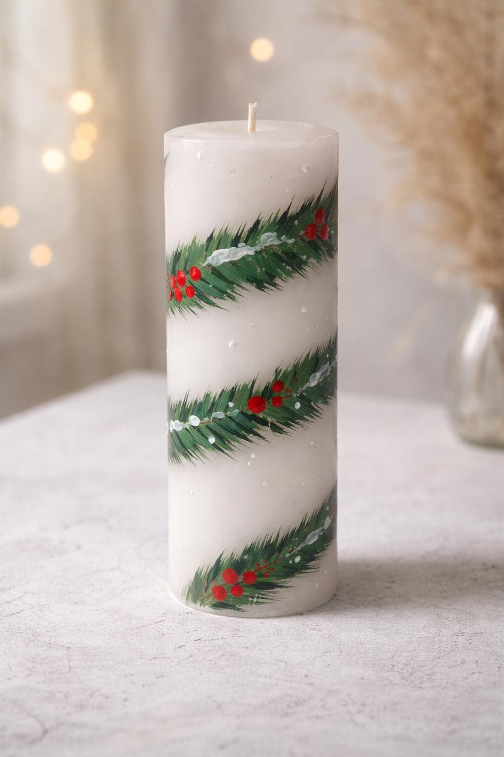 Hand-Painted Christmas Pillar Candle -Holiday Table Centerpiece -Festive Floral & Berry Winter Decor-Xmas Gift for her -large pillar candle