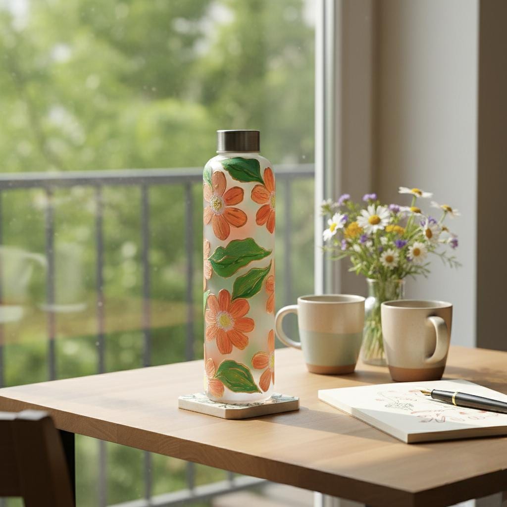 Hand-Painted Glass Water Bottle - Orange Floral Design with Gold Accents - aesthetic Drinkware - Gift for Her - Eco-friendly Reusable Bottle