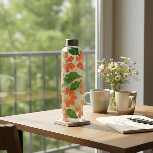 Hand-Painted Glass Water Bottle - Orange Floral Design with Gold Accents - aesthetic Drinkware - Gift for Her - Eco-friendly Reusable Bottle