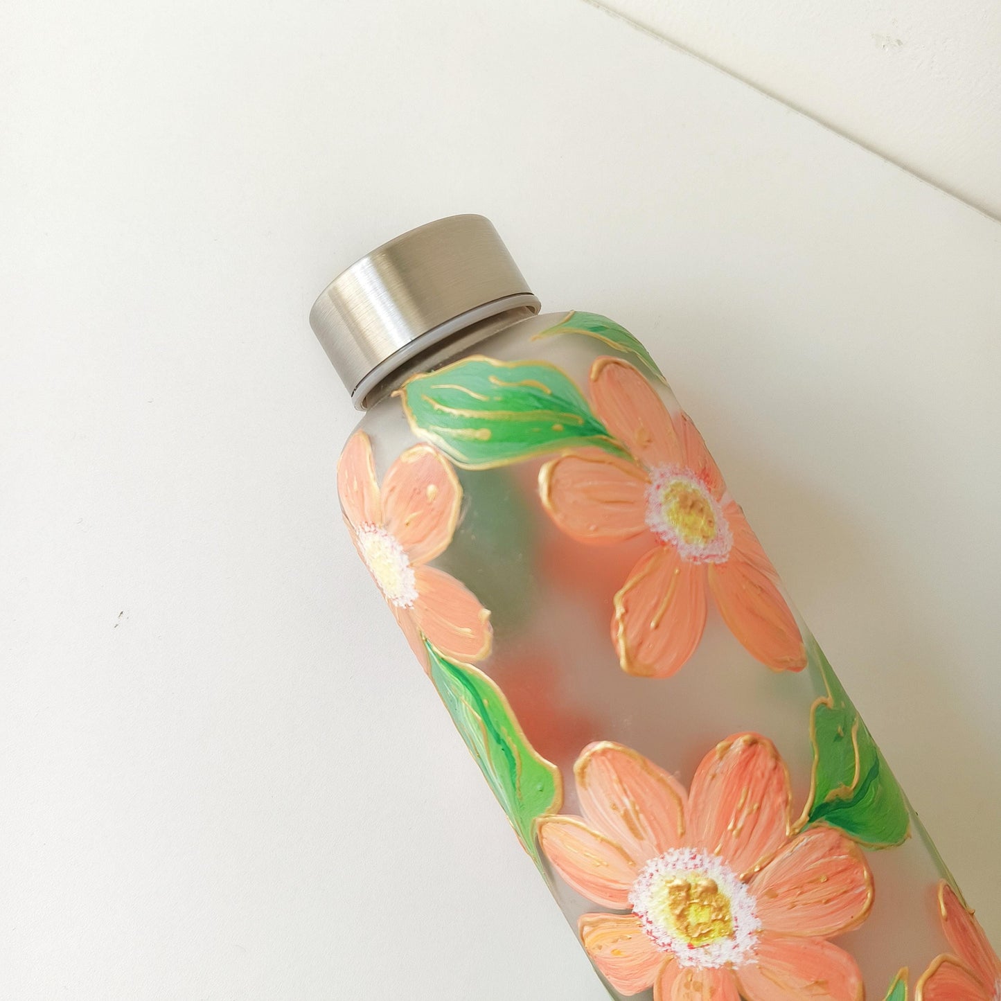 Hand-Painted Glass Water Bottle - Orange Floral Design with Gold Accents - aesthetic Drinkware - Gift for Her - Eco-friendly Reusable Bottle