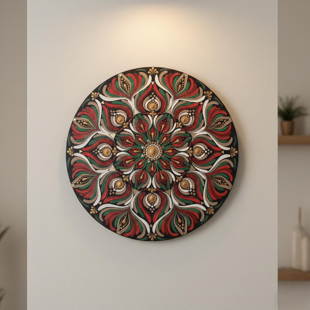 Original Hand-painted Dot Mandala Wall Art | 12" Hand-Painted home Decor | Festive Red Green Gold Textured Art with Mirror Mosaic