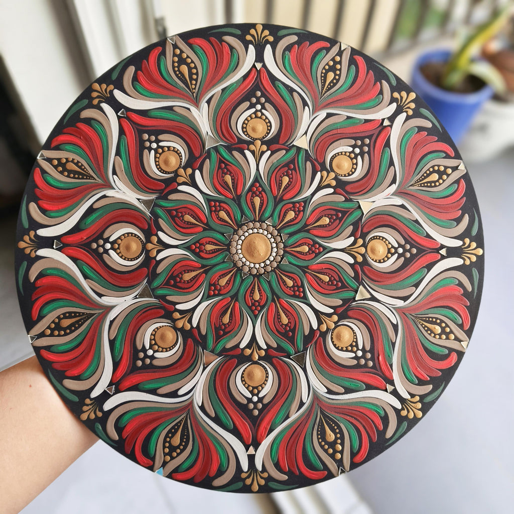 Original Hand-painted Dot Mandala Wall Art | 12" Hand-Painted home Decor | Festive Red Green Gold Textured Art with Mirror Mosaic