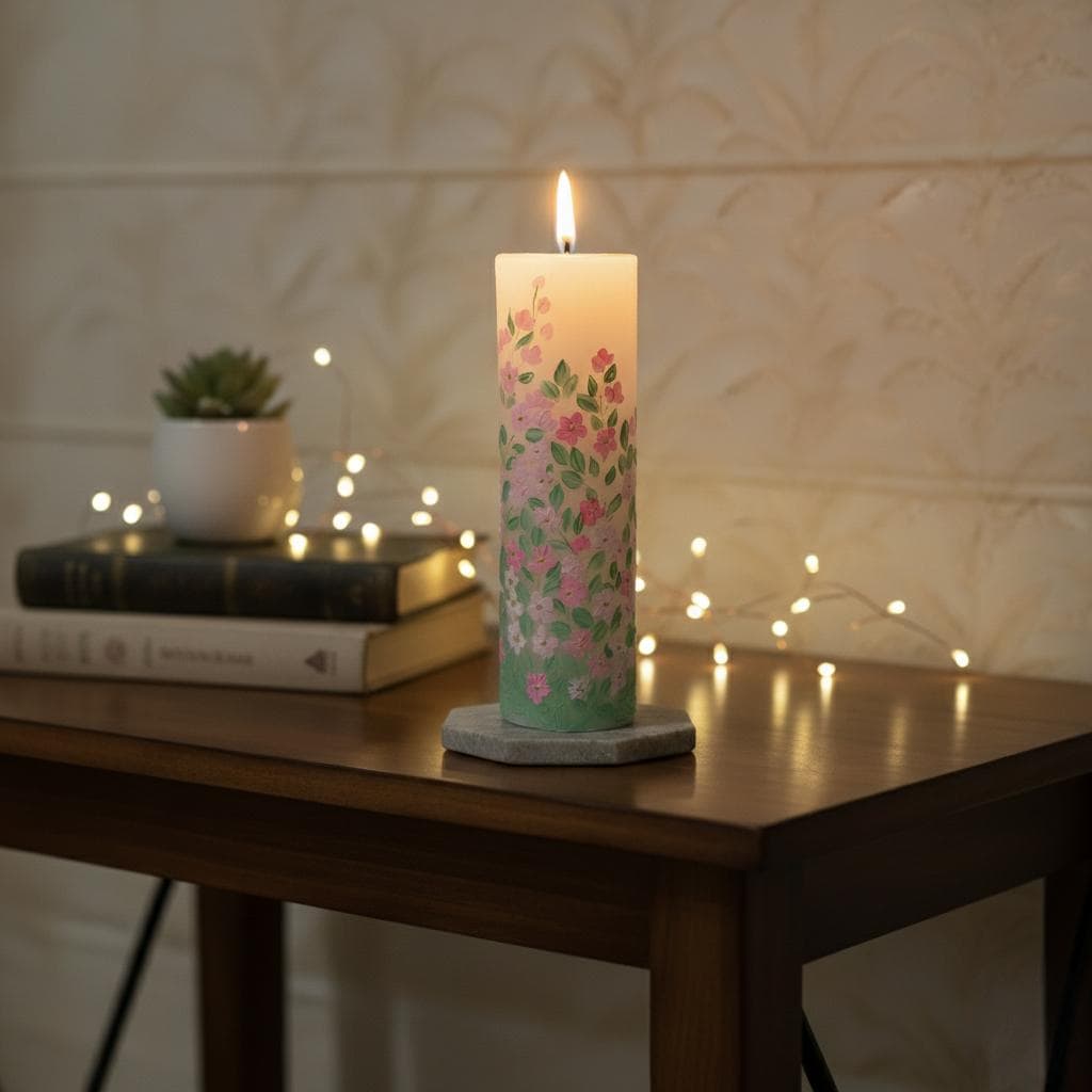 Hand-Painted Christmas Pillar Candle -Holiday Table Centerpiece -Festive Floral & Berry Winter Decor-Xmas Gift for her -large pillar candle