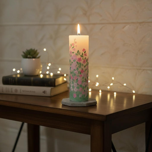 Hand-Painted Christmas Pillar Candle -Holiday Table Centerpiece -Festive Floral & Berry Winter Decor-Xmas Gift for her -large pillar candle