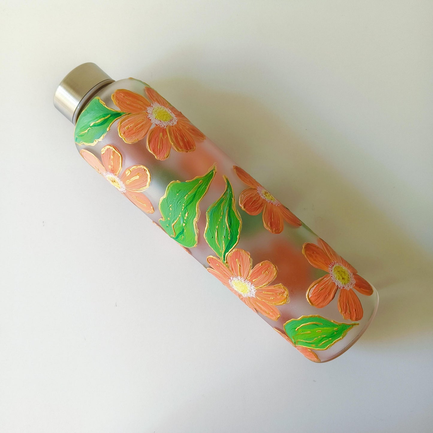 Hand-Painted Glass Water Bottle - Orange Floral Design with Gold Accents - aesthetic Drinkware - Gift for Her - Eco-friendly Reusable Bottle