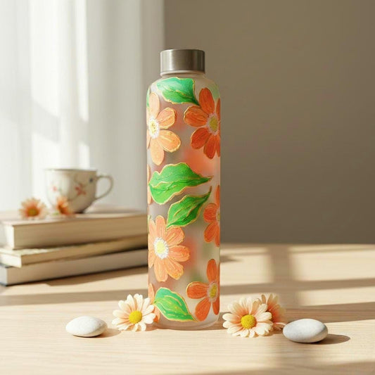 Hand-Painted Glass Water Bottle - Orange Floral Design with Gold Accents - aesthetic Drinkware - Gift for Her - Eco-friendly Reusable Bottle