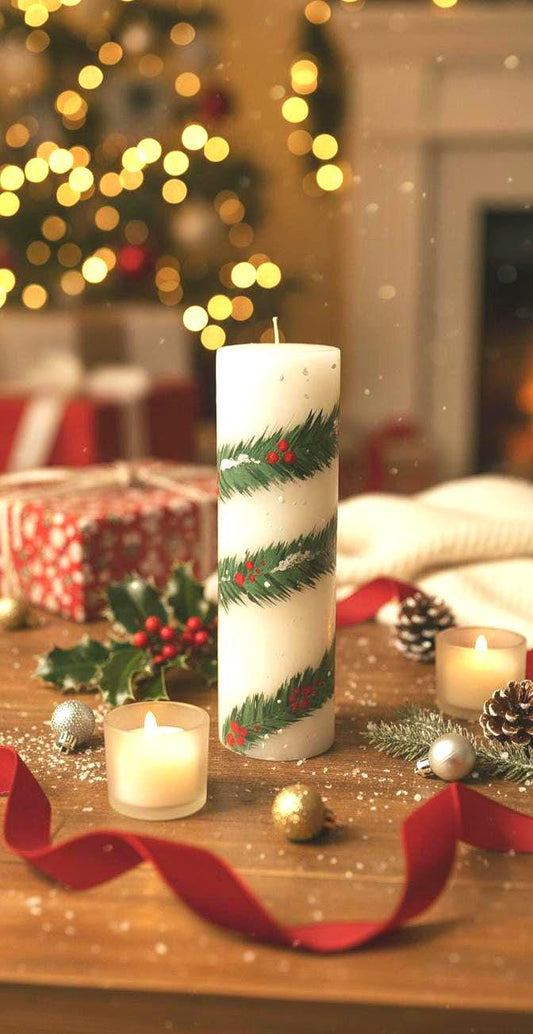 Hand-Painted Christmas Pillar Candle -Holiday Table Centerpiece -Festive Floral & Berry Winter Decor-Xmas Gift for her -large pillar candle