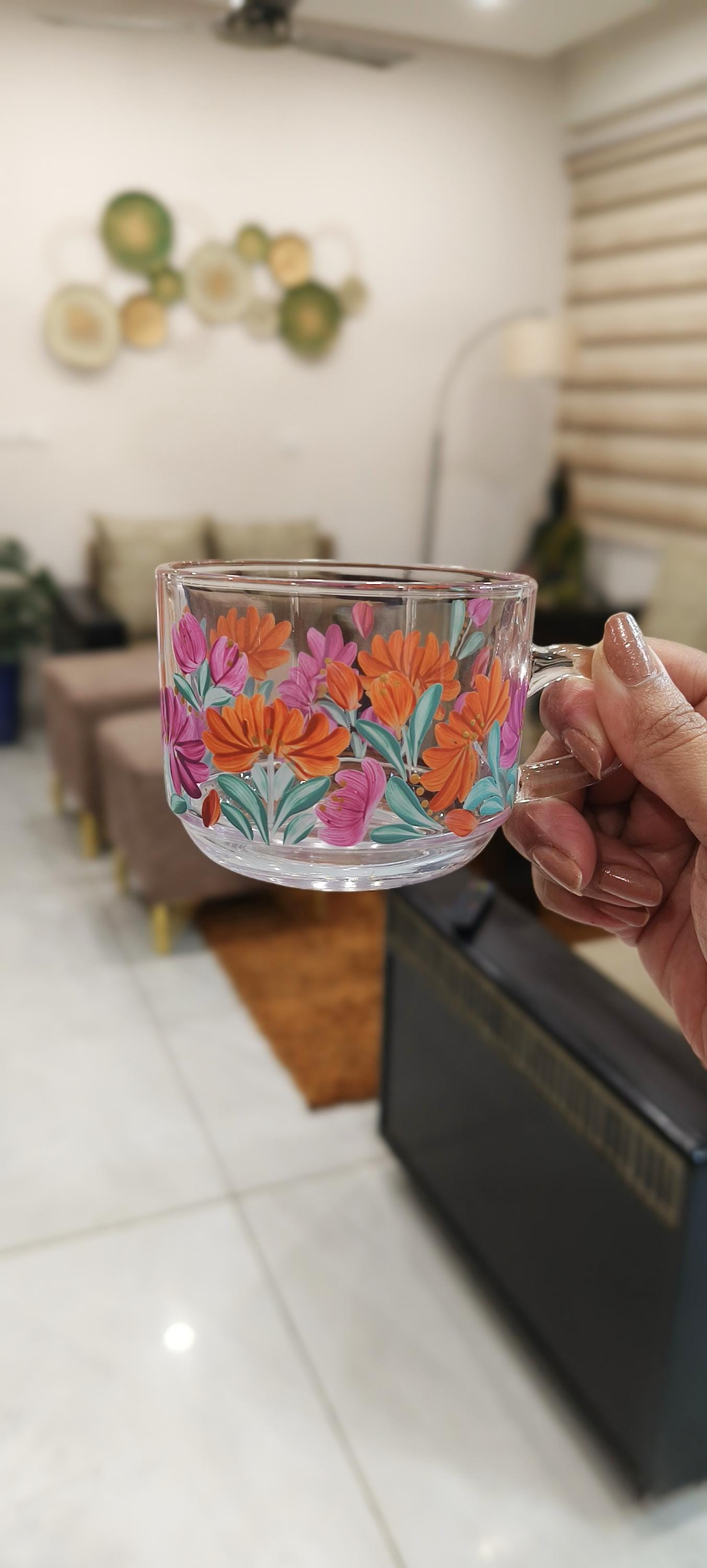Hand-Painted Floral tea cups, Dot Art Mandala Tea Cups with Saucers, Unique Boho Kitchen Decor, Set of 2