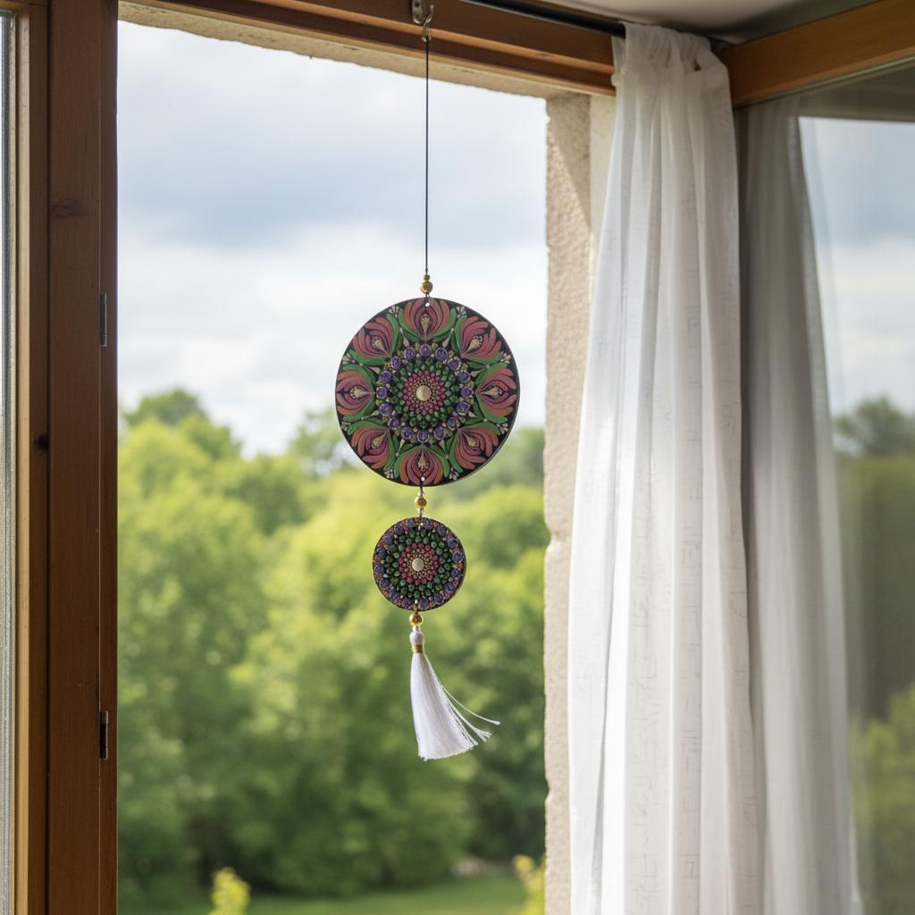 Original Hand-painted Mandala door/window Hanging with Tassels | round Dot painted meditative art | Zen Art | Unique Mandala window charm