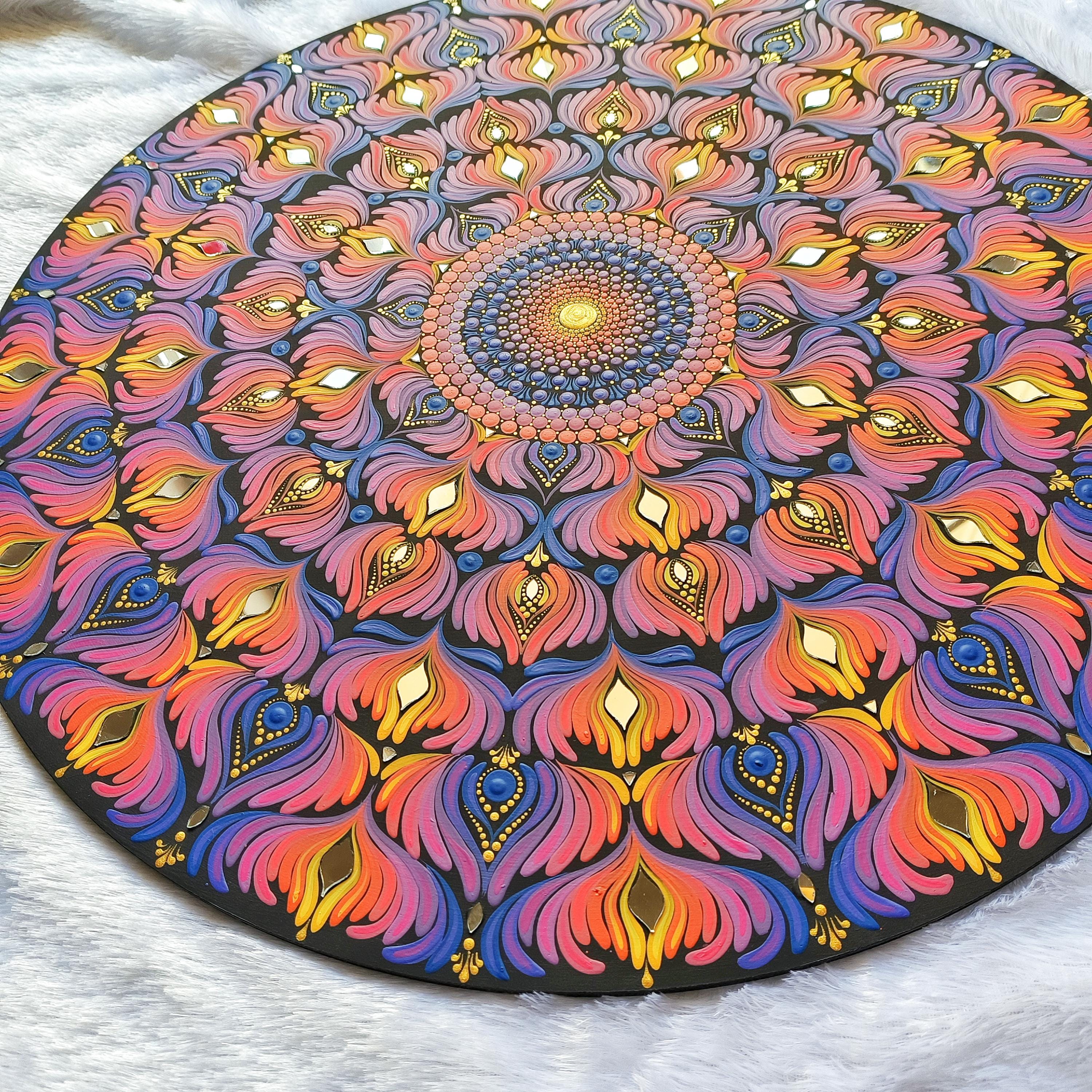 24" Original Hand Painted Mandala on Wood, Large Dot Art Wall Decor, Hand-Executed Acrylic Painting on MDF, Mosaic Mirror Art, Ready to ship