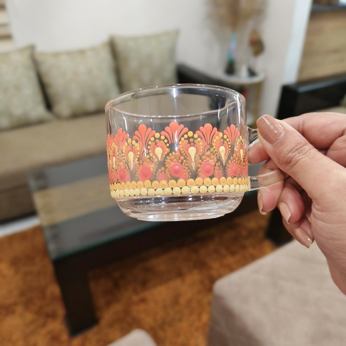 Hand-Painted Floral tea cups, Dot Art Mandala Tea Cups with Saucers, Unique Boho Kitchen Decor, Set of 2