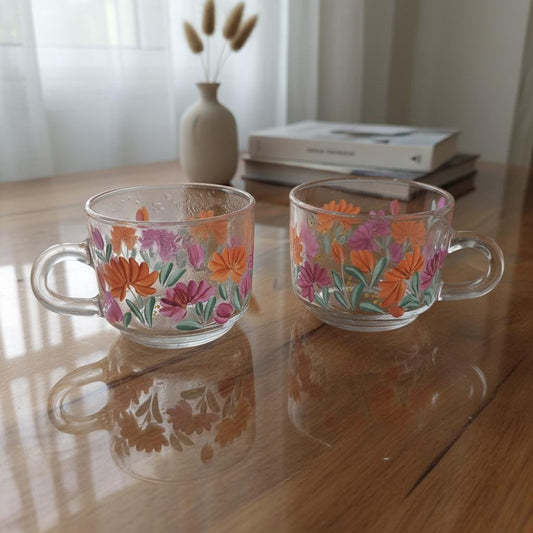 Hand-Painted Floral tea cups, Dot Art Mandala Tea Cups with Saucers, Unique Boho Kitchen Decor, Set of 2