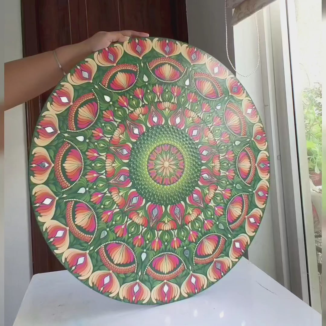 24-Inch Hand-Painted Dot Mandala Wooden Wall Art | Floral Leafy Pattern with Mirror Embellishments | Glossy Waterproof Finish | Zen Wall Art