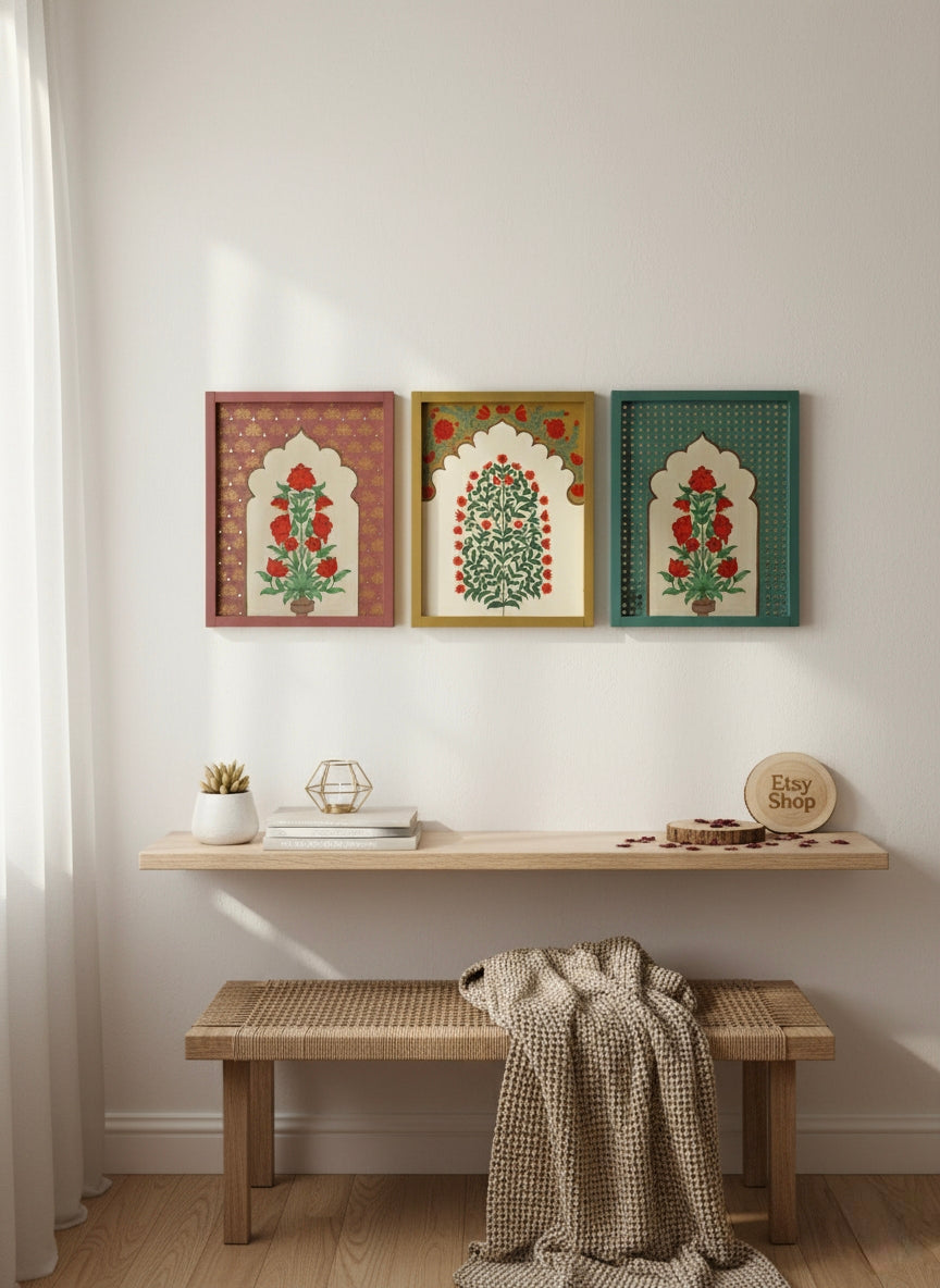 Original Hand-painted Mughal Jharokha Frame Set of 3 | Hand-Painted Indian Wall Decor | Wall art
