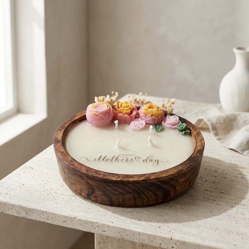 Handmade Wooden Dough Bowl Candle with Floral Embellishments (6 inches) - Lavender scented candle