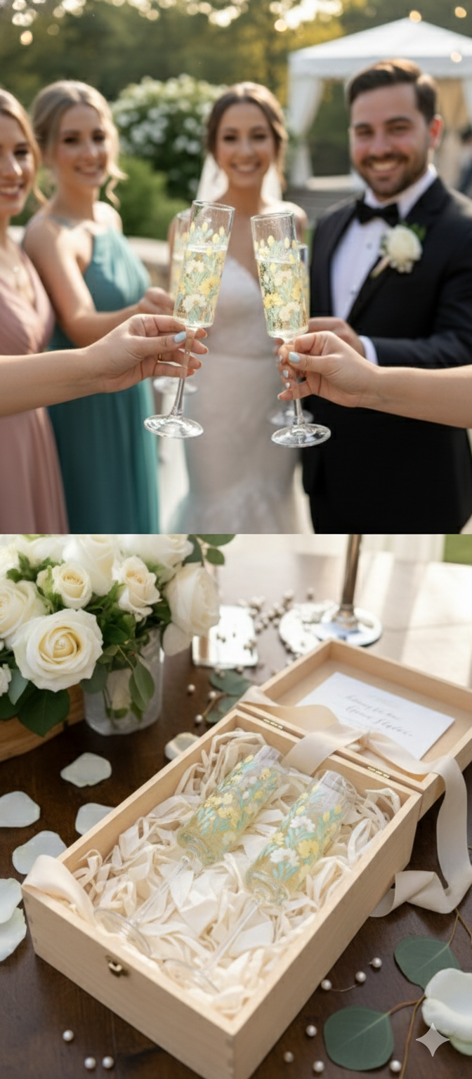 Hand-Painted Floral Champagne Flutes | Personalized Wedding Gift | Set of 2