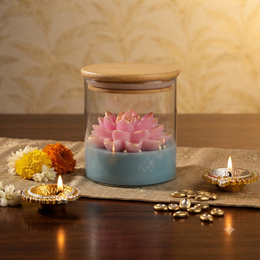 Hand-Poured Floral Soy Wax Candle in Glass Jar with Wooden Lid | 400ml Aesthetic Peony , Lotus Candle | Luxury Home Decor & Gift