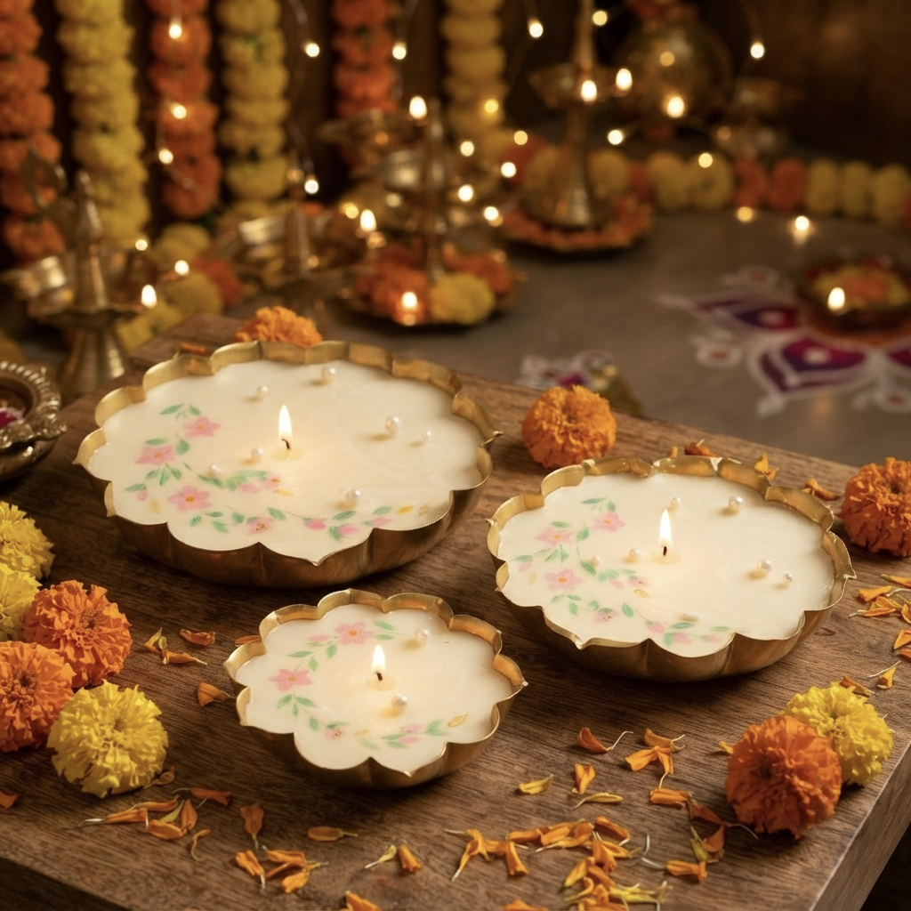 Hand-Painted Lotus Urli Candle Set – Set of 3 Decorative Floral Candles with Pearl Accents for Diwali Home Decor & Gifting