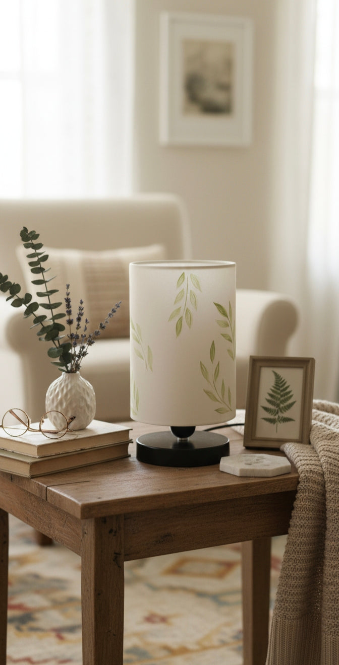 Hand-Painted Table Lamp Shade | Artisan leafy pattern Desk Lamp