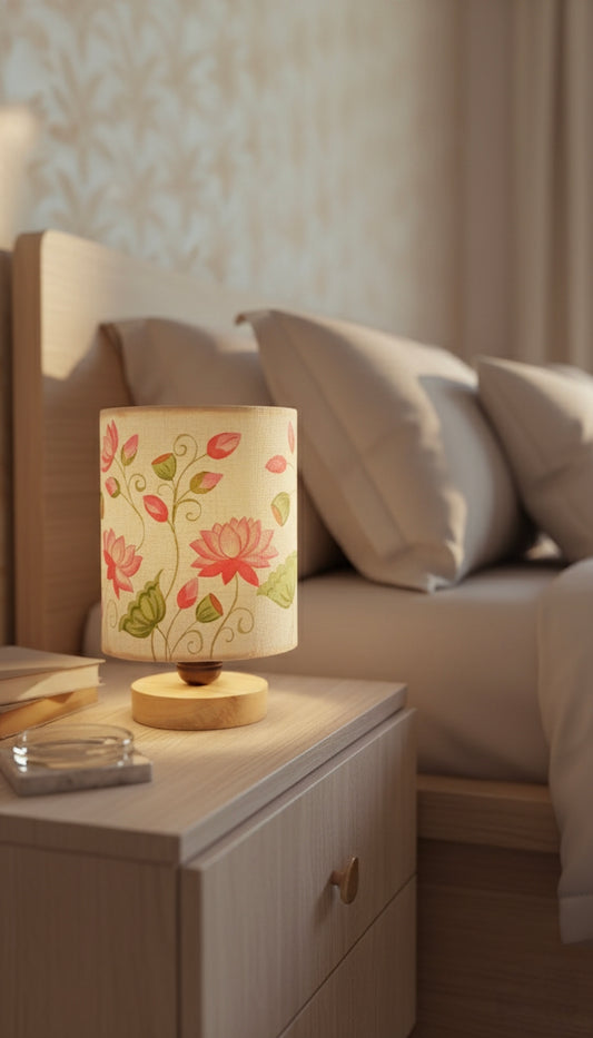 Hand-Painted Table Lamp Shade | Artisan pink Lotus pattern Desk Lamp