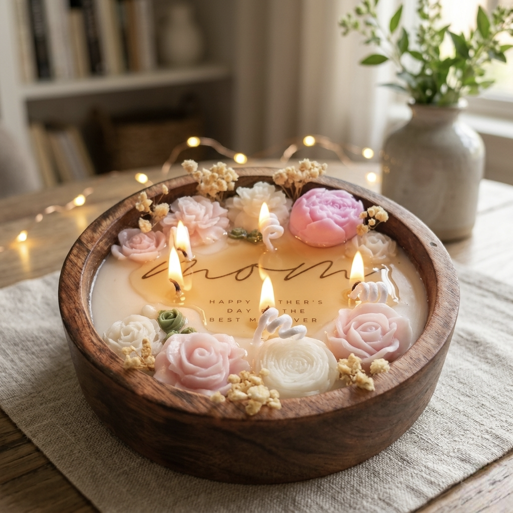 Handmade Mother’s Day Candle – 6" Wooden Dough Bowl Candle with 3D Floral Dough Art – Lavender Scented – "Happy mother's day to the Best Mom Ever" Personalized Gift for Her