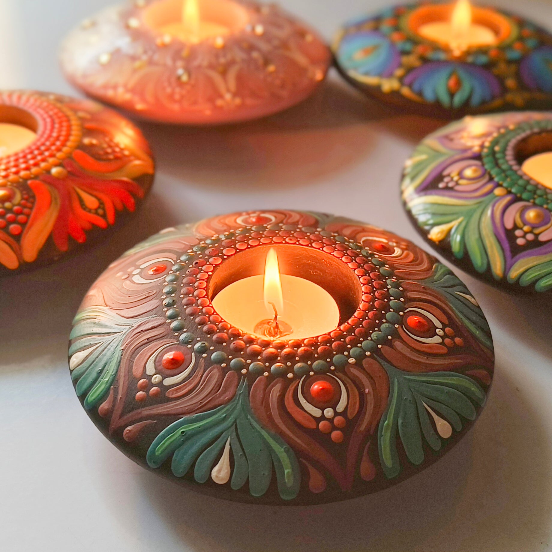 Hand-Painted Mandala Brown and Green T-Light Holder – Colorful Dot Art Candle Holder for Home Decor & Gifting