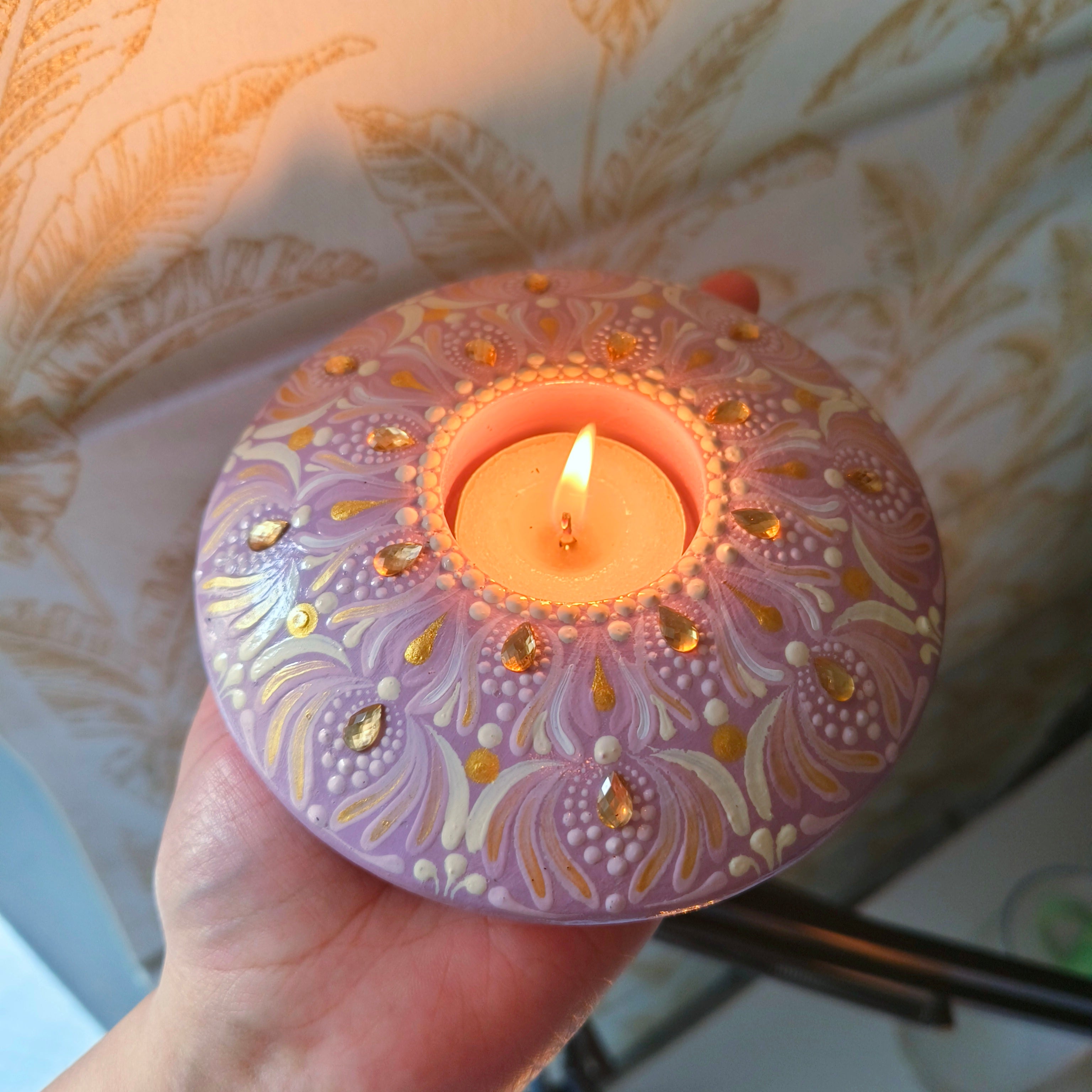Hand-Painted Mandala purple T-Light Holder – Colorful Dot Art Candle Holder for Home Decor & Gifting