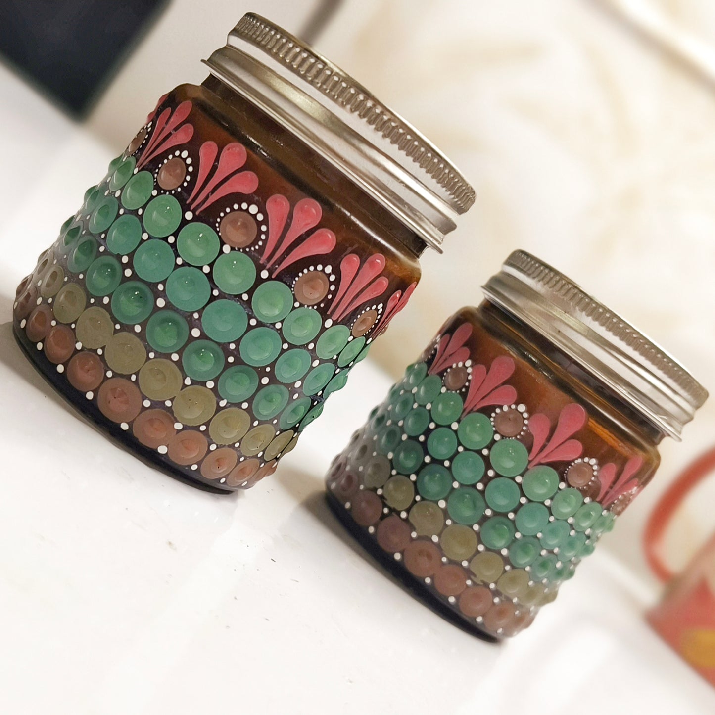 Hand-Painted Mandala Dot Art Scented Candle - Amber Glass, Soy Wax