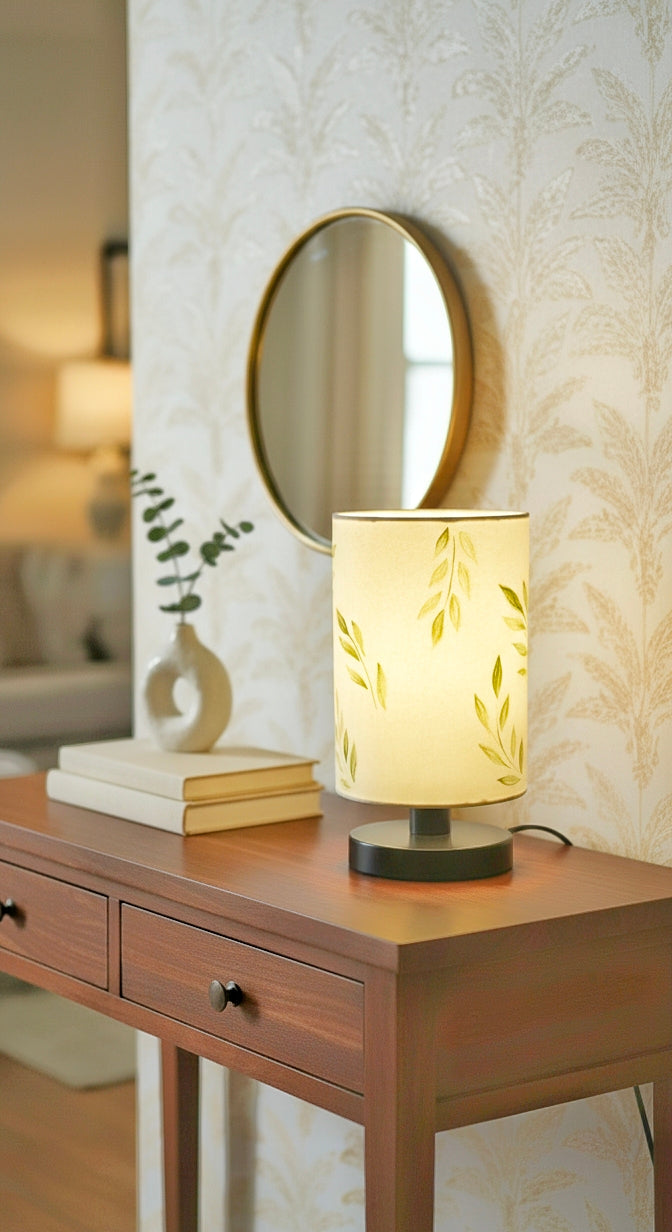 Hand-Painted Table Lamp Shade | Artisan leafy pattern Desk Lamp