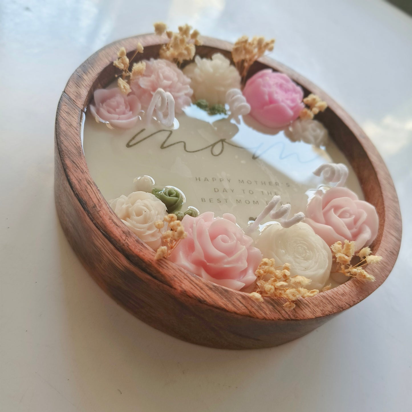 Handmade Mother’s Day Candle – 6" Wooden Dough Bowl Candle with 3D Floral Dough Art – Lavender Scented – "Happy mother's day to the Best Mom Ever" Personalized Gift for Her