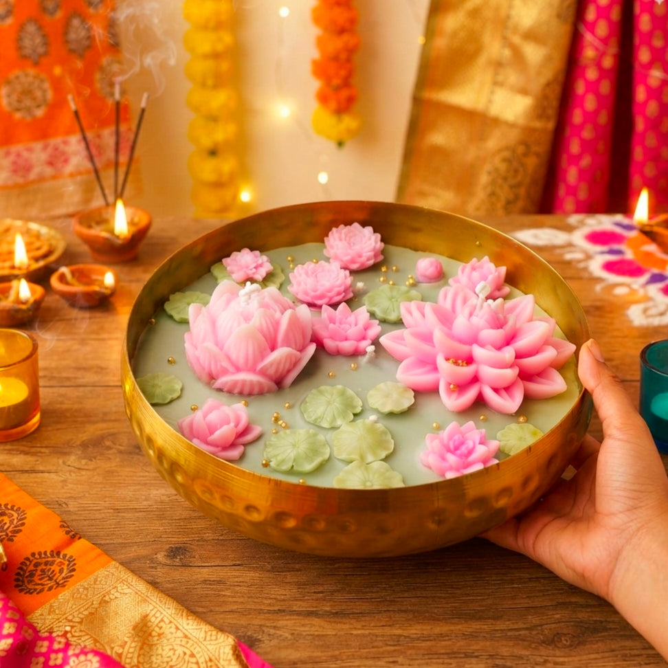 Large Lotus Urli Soy Wax Candle | Festive Diwali Decor & Gifting